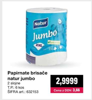 Papirnate brisače natur jumbo
