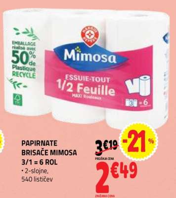 Papirnate brisače Mimosa 3/1 = 6 rol