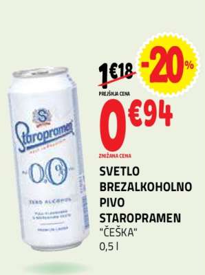 Svetlo brezalkoholno pivo Staropramen "Češka"