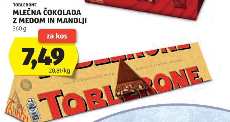 Toblerone Mlečna čokolada z medom in mandlji