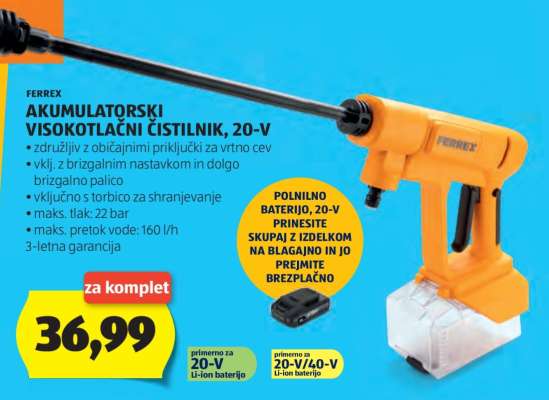 FERREX Akumulatorski visokotlačni čistilnik, 20-V