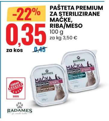 PAŠTETA PREMIUM ZA STERILIZIRANE MAČKE, RIBA/MESO