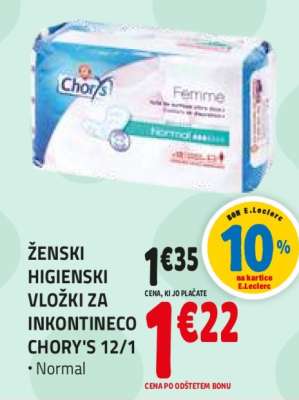 ŽENSKI HIGIENSKI VLOŽKI ZA INKONTINECO CHORY'S 12/1