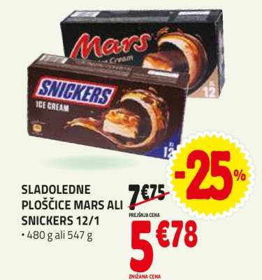 SLADOLEDNE PLOŠČICE MARS ALI SNICKERS 12/1