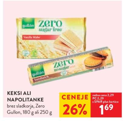 Keksi ali Napolitanke brez sladkorja, Zero Gullon, 180 g ali 250 g