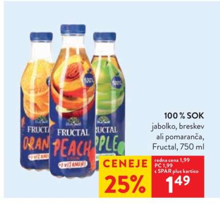 100 % SOK jabolko, breskev ali pomaranča, Fructal, 750 ml