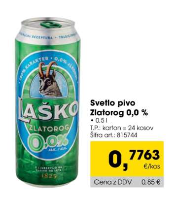Svetlo pivo Zlatorog 0.0