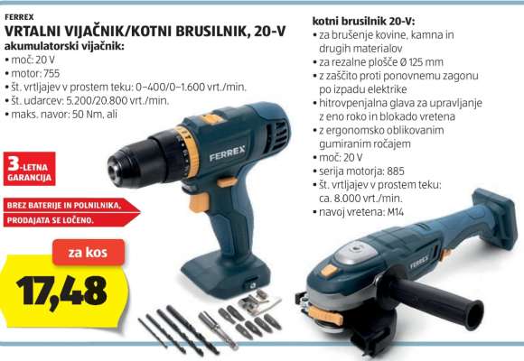 FERREX VRTALNI VIJAČNIK/KOTNI BRUSILNIK, 20-V