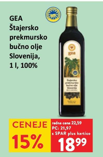 GEA Štajersko prekmursko bučno olje Slovenija, 1 l, 100%