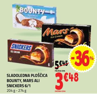 SLADOLEDNA PLOŠČICA BOUNTY, MARS ALI SNICKERS 6/1