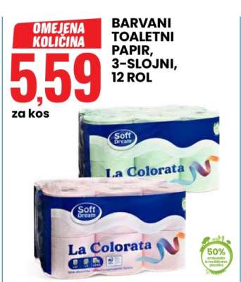 Barvani toaletni papir, 3-slojni, 12 rol