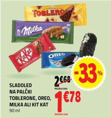 SLADOLED NA PALČKI TOBLERONE, OREO, MILKA ALI KIT KAT