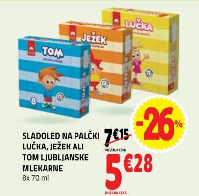 SLADOLED NA PALČKI LUČKA, JEŽEK ALI TOM LJUBLJANSKE MLEKARNE