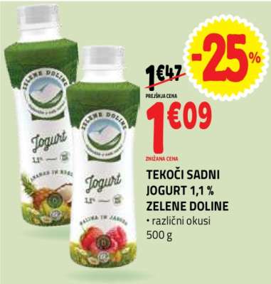 TEKOČI SADNI JOGURT 1,1 % ZELENE DOLINE