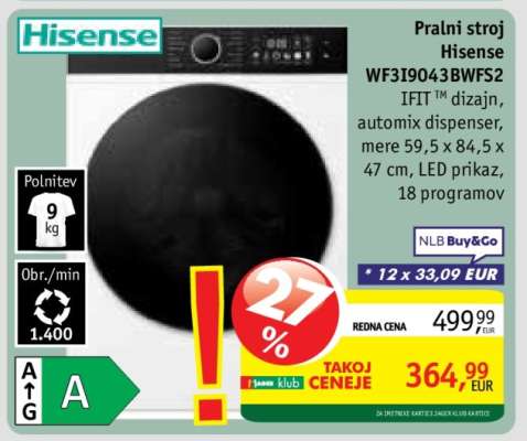 Pralni stroj Hisense WF3I9043BWFS2