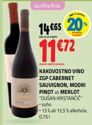 KAKOVOSTNO VINO ZGP CABERNET SAUVIGNON, MODRI PINOT ali MERLOT