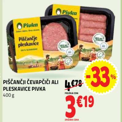 Piščančji čevapčiči ali pleskavice Pivka