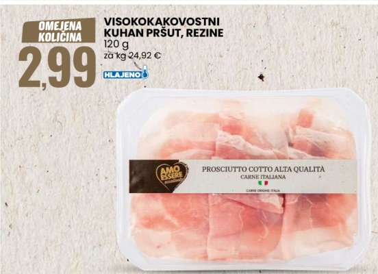 Visokokakovostni kuhan pršut, rezine