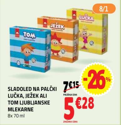 SLADOLED NA PALČKI LUČKA, JEŽEK ALI TOM LJUBLJANSKE MLEKARNE