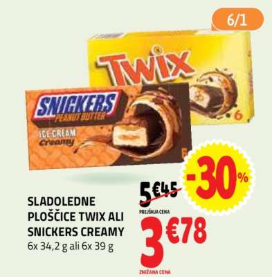 SLADOLEDNE PLOŠČICE TWIX ALI SNICKERS CREAMY