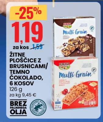 Žitne ploščice z brusnicami/temno čokolado