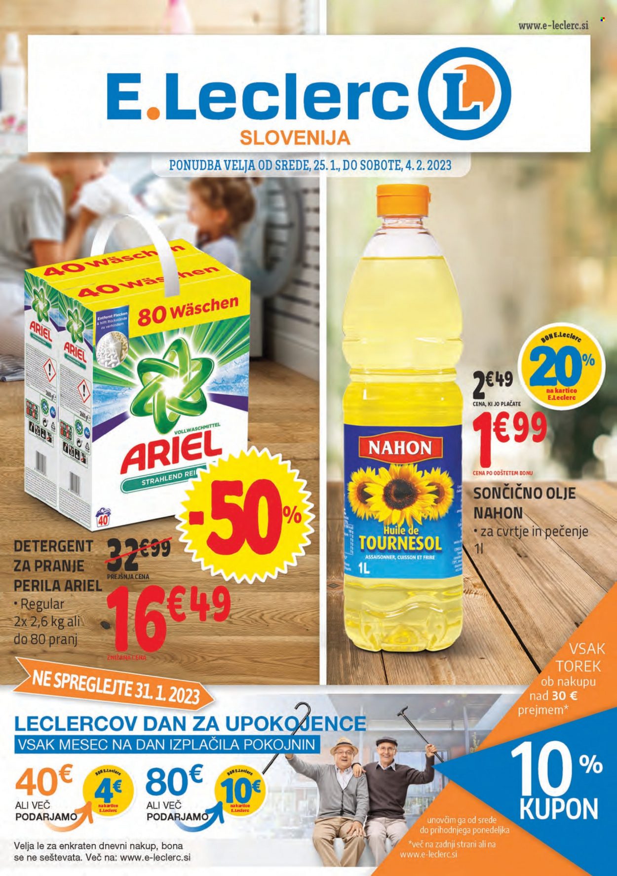 E.Leclerc katalog - 25.1.2023 - 4.2.2023 - Ponudba izdelkov - olje, detergent, Ariel. Stran 1.