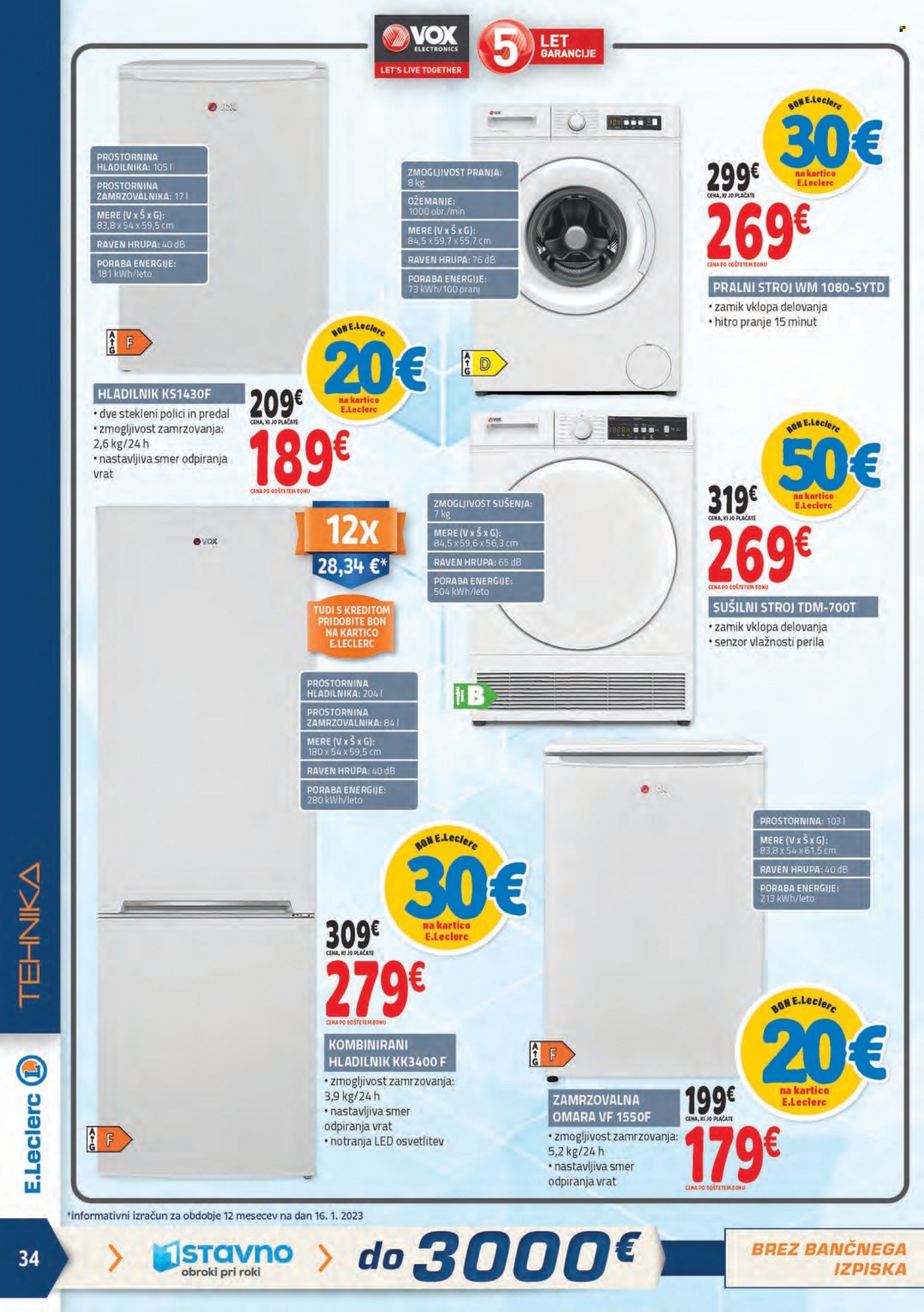 E.Leclerc katalog - 25.1.2023 - 4.2.2023 - Ponudba izdelkov - zamrzovalna omara, hladilnik, pralni stroj. Stran 34.