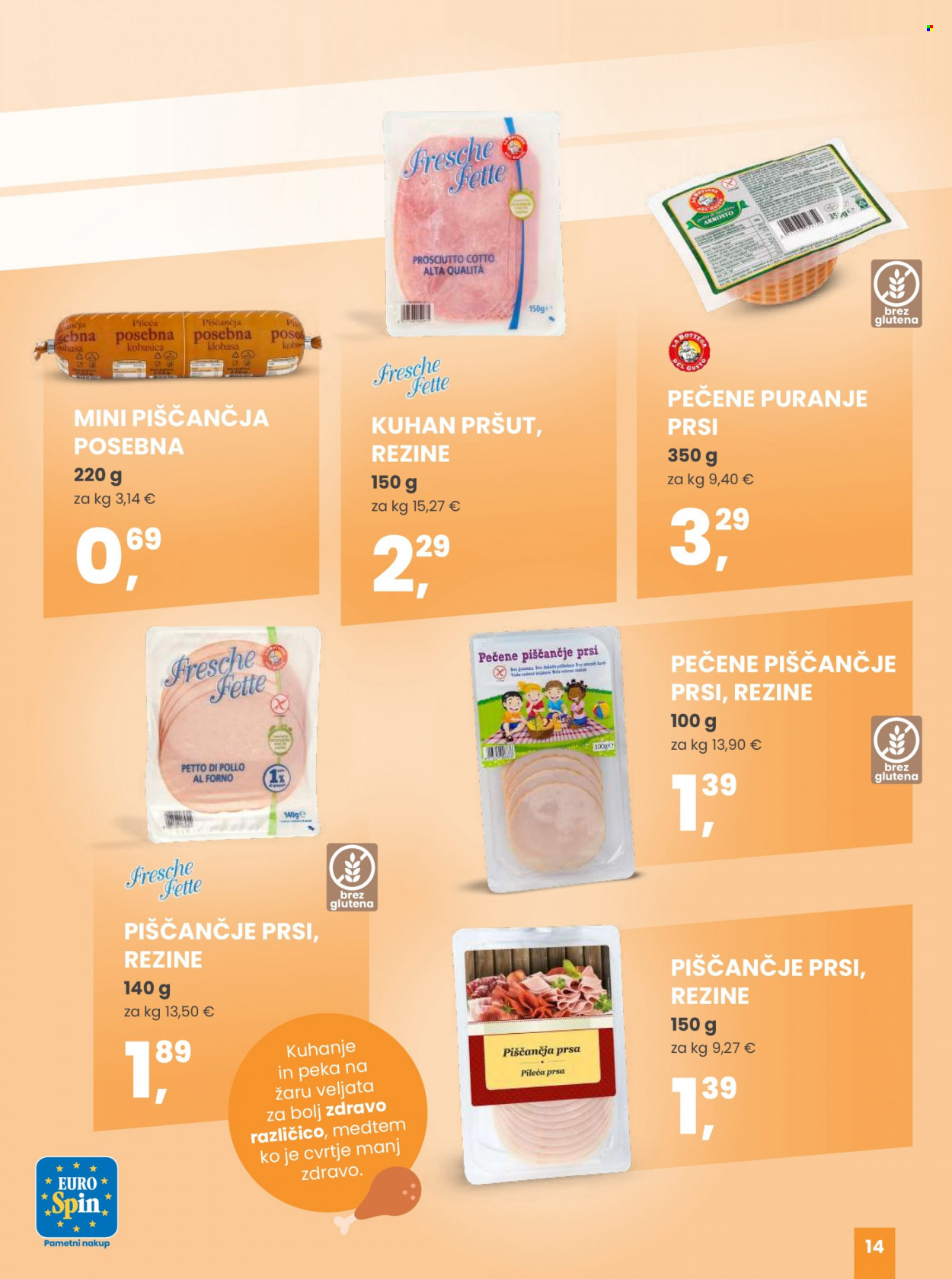 EuroSpin katalog - Ponudba izdelkov - piščančje prsi, piščančje meso, klobasa, kuhan pršut, pršut. Stran 14.