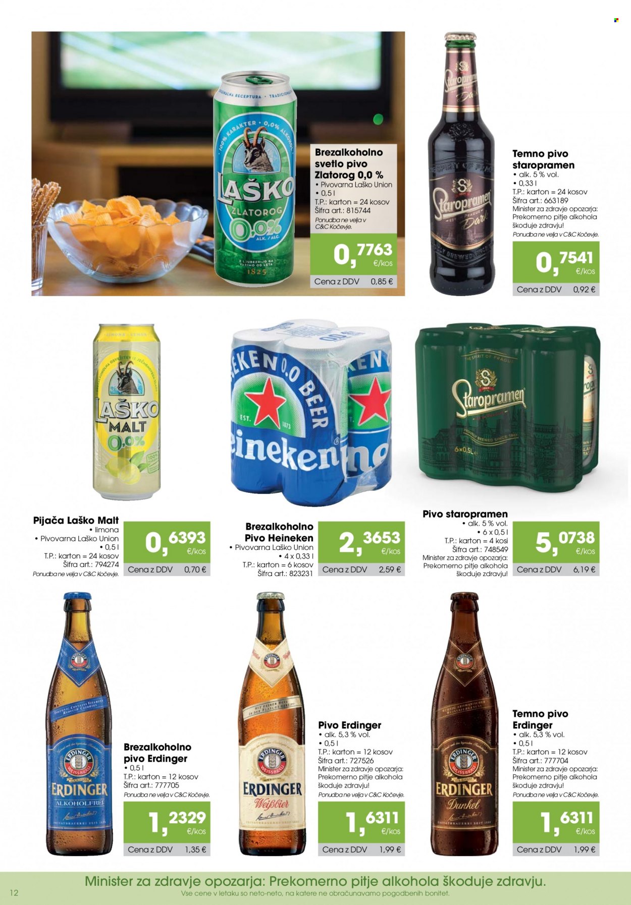 Tuš Cash & Carry katalog - 9.3.2023 - 5.4.2023 - Ponudba izdelkov - brezalkoholno pivo, Erdinger, Heineken, pivo Erdinger, pivo Heineken, pivo Staropramen, Staropramen, svetlo pivo, temno pivo, Union, pivo, limona. Stran 12.