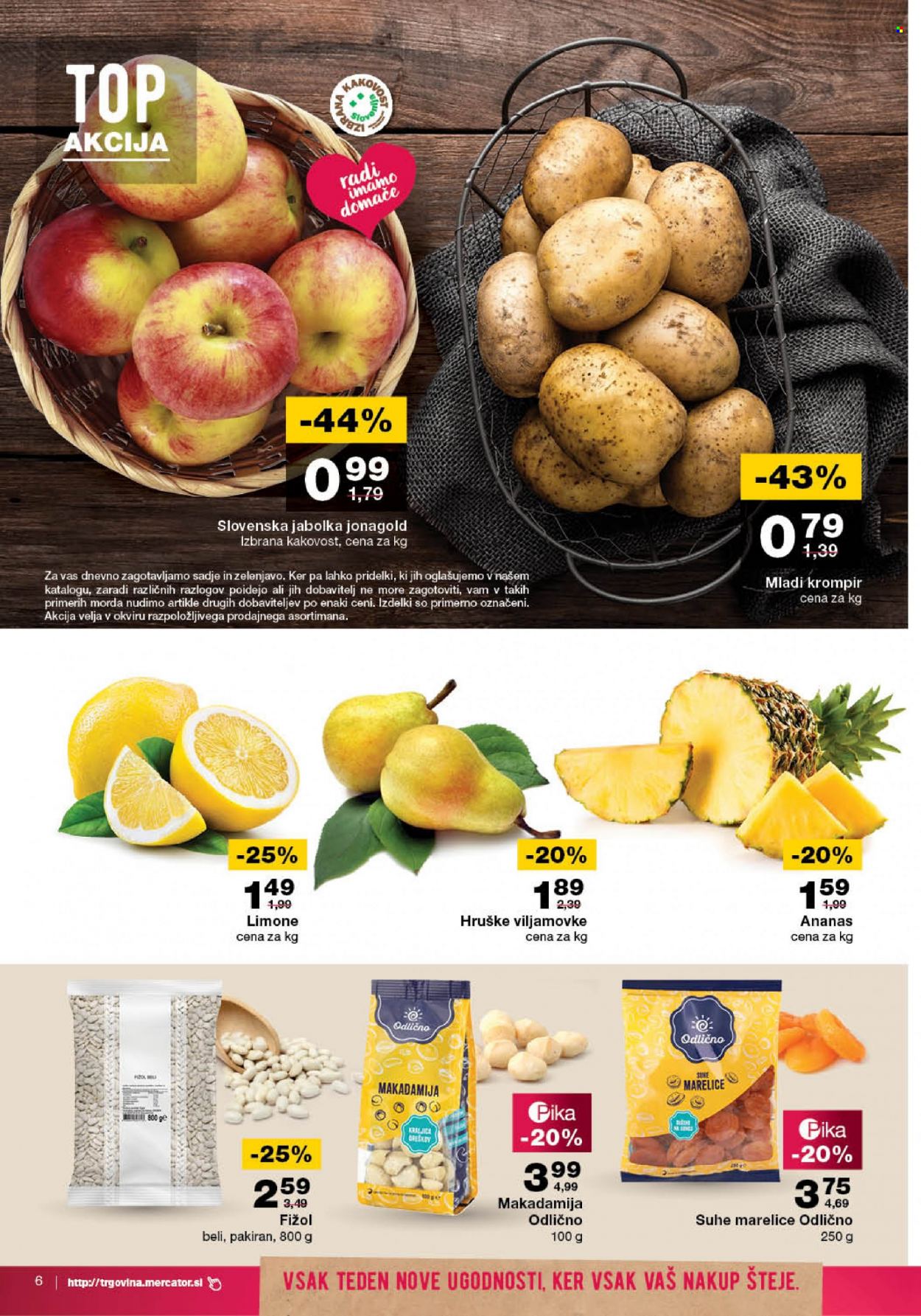 Mercator katalog - 16.3.2023 - 22.3.2023 - Ponudba izdelkov - ananas, hruške, jabolka, jabolka jonagold, limona, marelice, krompir, mladi krompir, fižol. Stran 6.