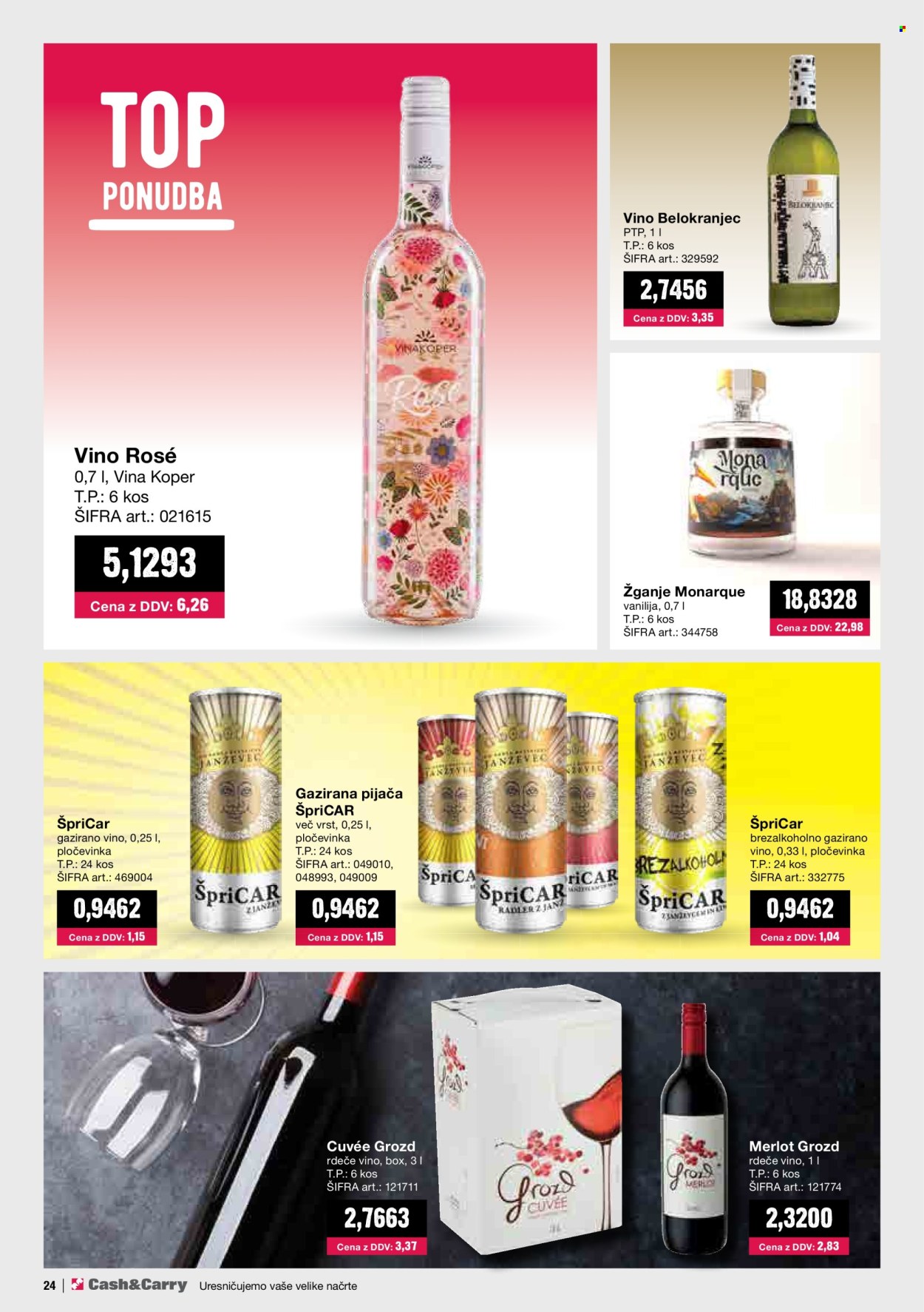 thumbnail - Mercator Cash & Carry katalog - 1.4.2024 - 30.4.2024 - Ponudba izdelkov - radler, pivo, alkohol, napitek, gazirana pijača, rdeče vino, rosè vino, vino, Vinakoper, Merlot, Špricar. Stran 24.