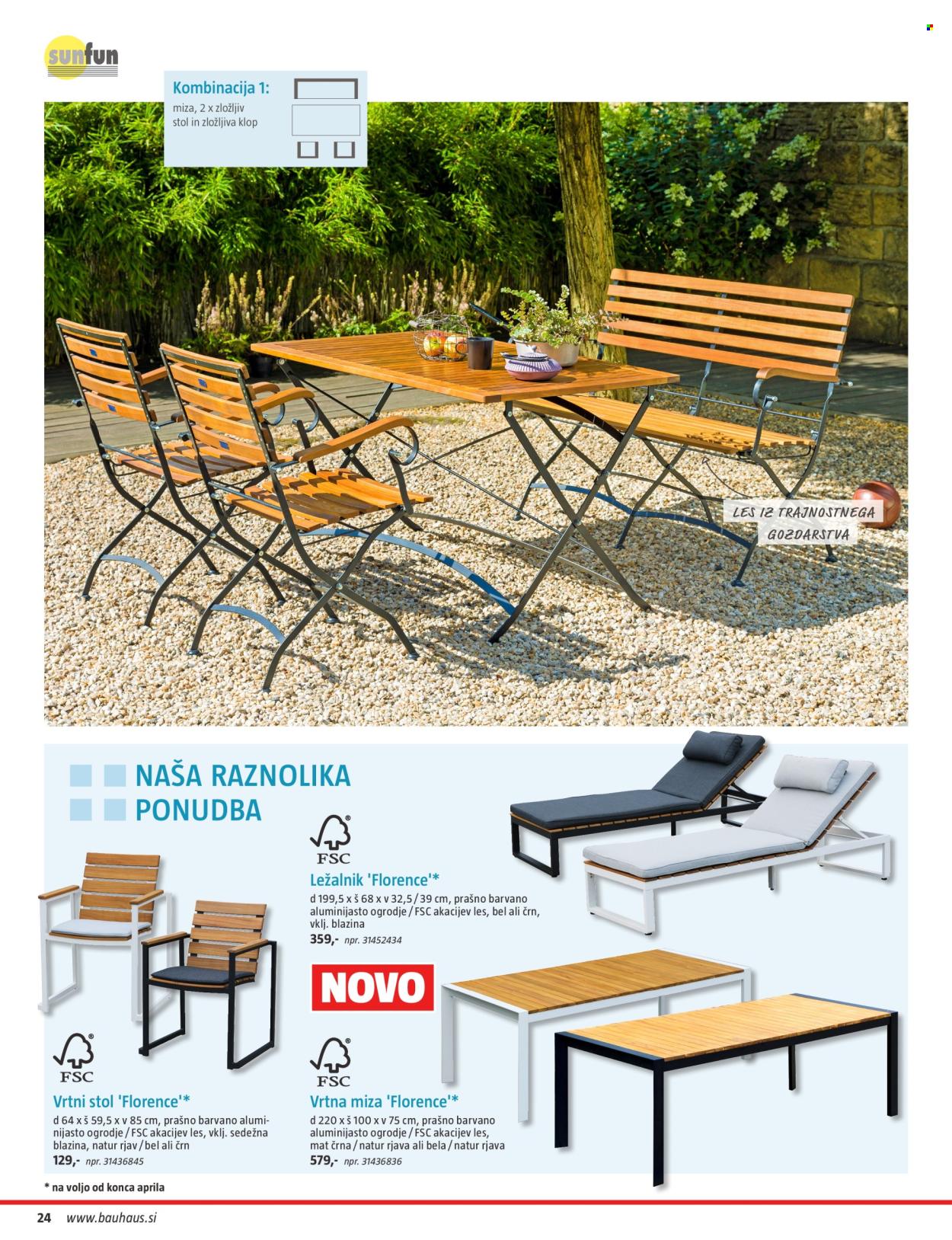 thumbnail - Bauhaus katalog - 10.4.2024 - 31.7.2024 - Ponudba izdelkov - miza, stol, klop, zložljiv stol, Sunfun, vrtna miza, ležalnik, vrtni stol, blazina, sedežna blazina. Stran 24.