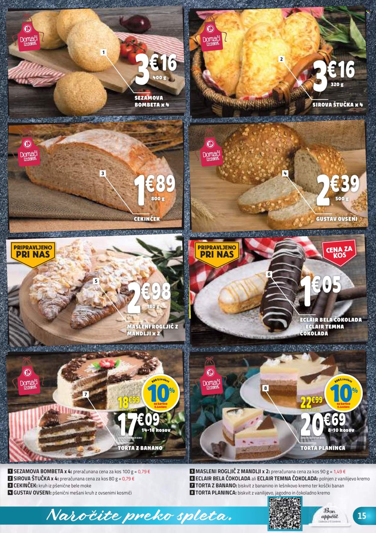 thumbnail - E.Leclerc katalog - 24.4.2024 - 4.5.2024 - Ponudba izdelkov - kruh, pecivo, torta, čokolada, piškoti, temna čokolada, bela čokolada. Stran 15.