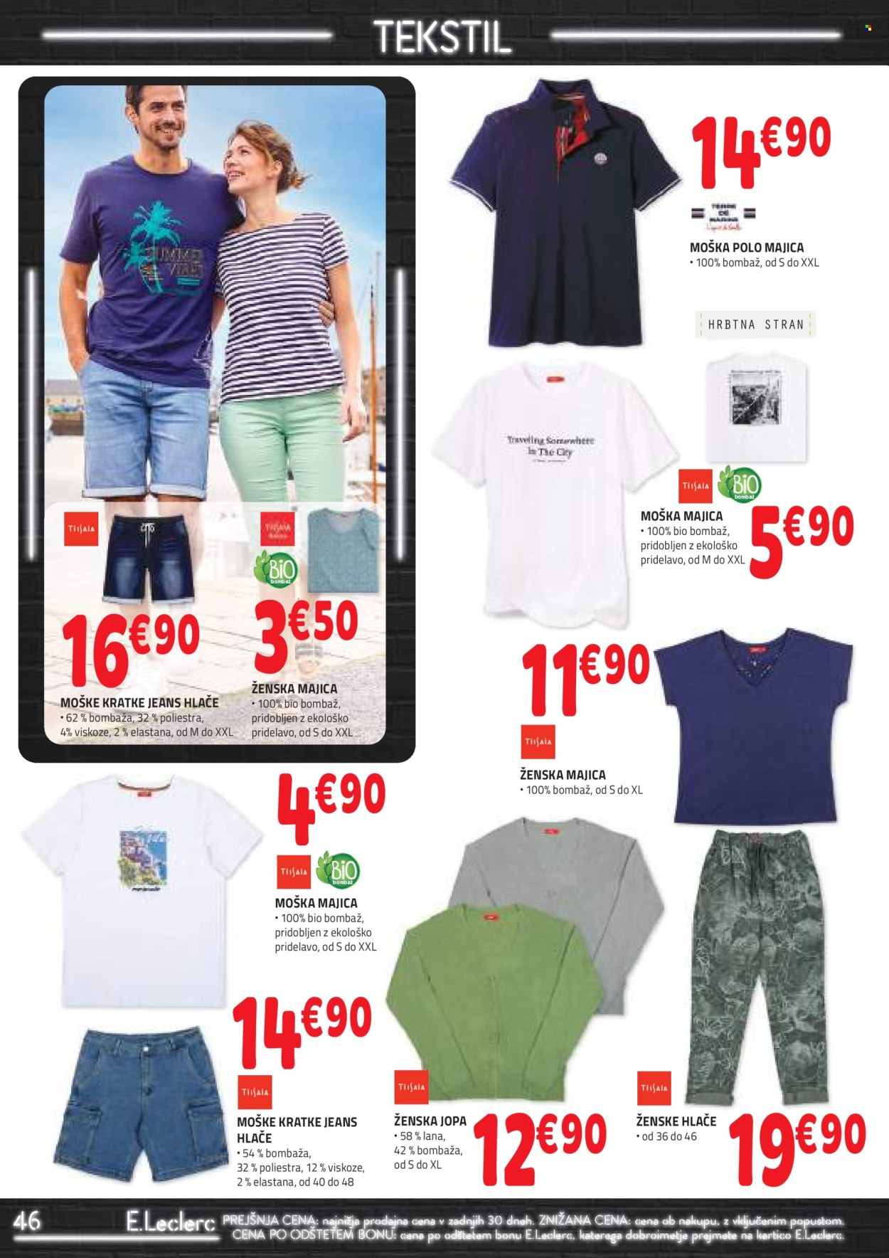 thumbnail - E.Leclerc katalog - 24.4.2024 - 4.5.2024 - Ponudba izdelkov - hlače, majica, polo, ženska majica, moška majica, jopa. Stran 46.